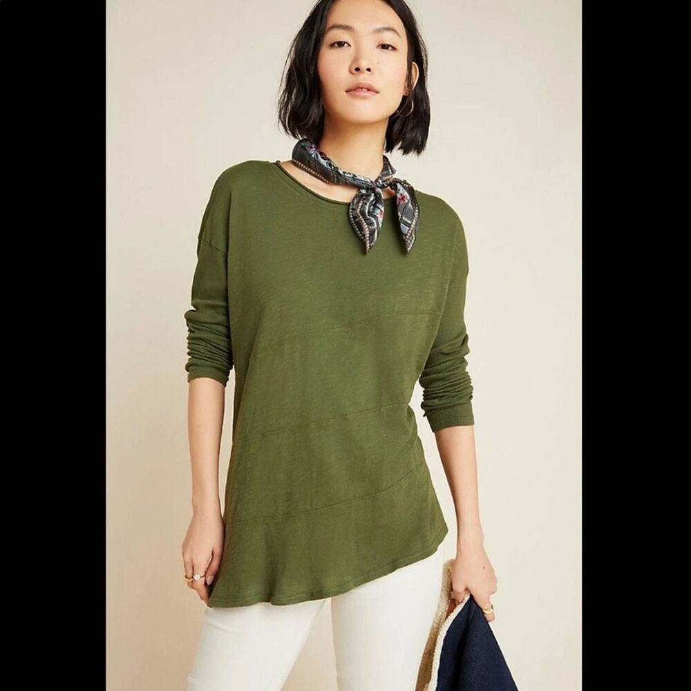 Anthropologie Amadi olive green seamed asymmetrical long-sleeve tee | Small